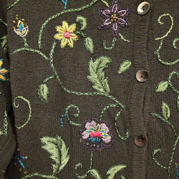 Vintage Talbots Black Embroidered Floral Button-Up Sweater Cardigan S Linen Cott - Picture 3 of 6
